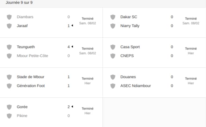 Déouvrez les résultats et classement de la 9 ème journée du championnat sénégalais de ligue de football professionnel