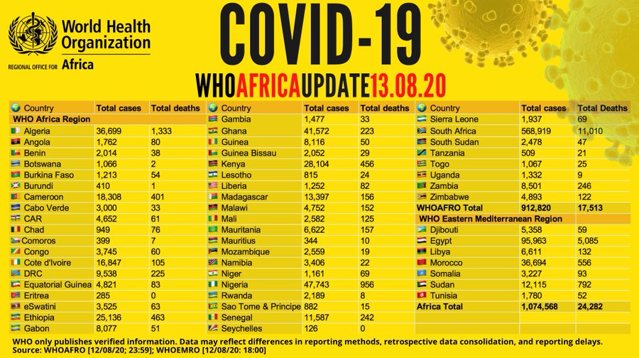 COVID-19 en Afrique : Plus de 1 000 000 de cas enregistrés avec plus de 770 000 guérisons associées et 24 000 décès signalés