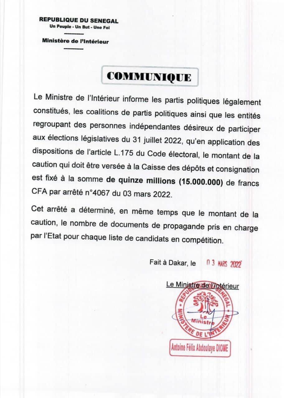 Elections législatives: Antoine félixe Diome fixe la caution à 15 millions.