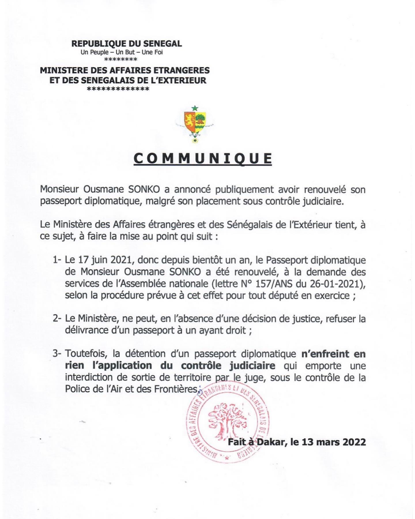 Diplomatie: Le ministère des affaires estrangères brandit un communiqué suite à la sortie de Ousmane Sonko.
