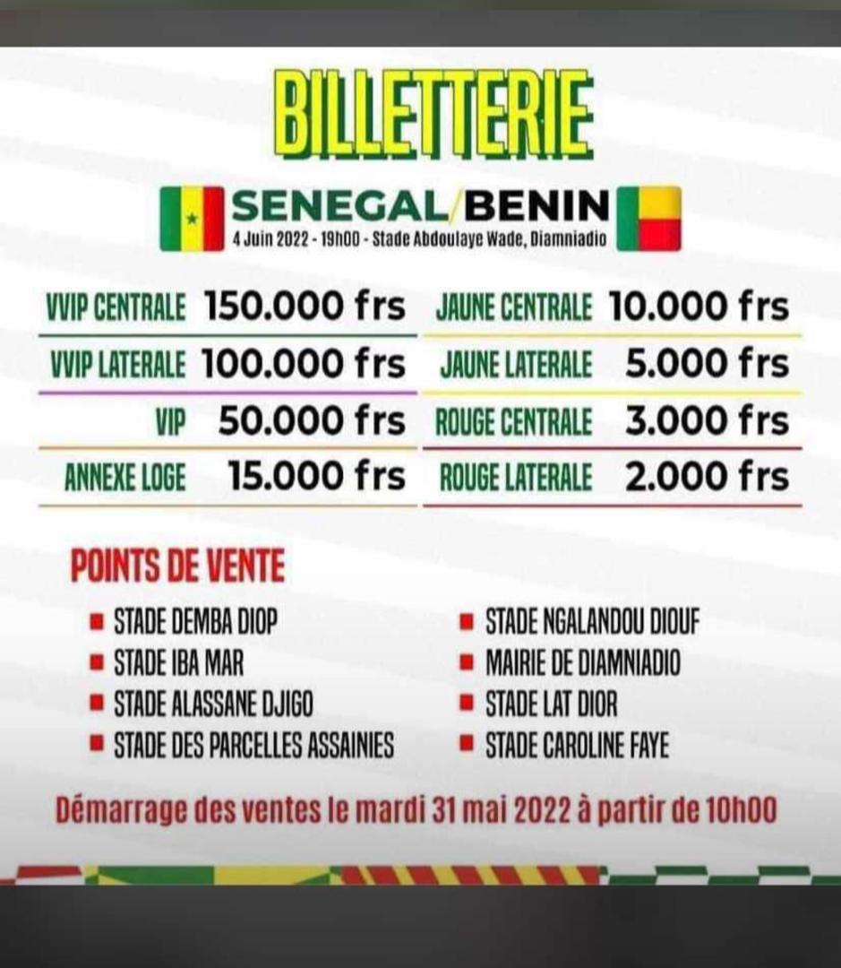 Sénégal-Bénin : le prix des billets connu