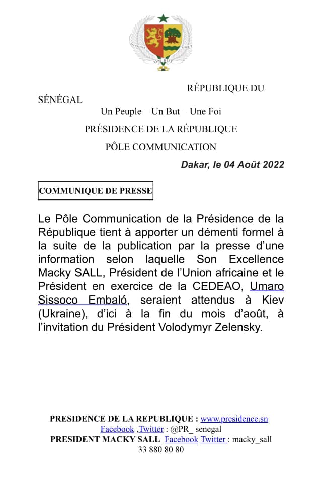 COMMUNIQUE DE PRESSE DE LA PRESIDENCE DE LA REPUBLIQUE