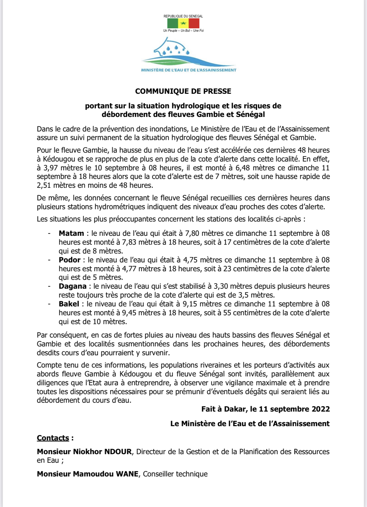 COMMUNIQUE DE PRESSE:  Portant sur la situation hydrologique et les risques de débordement des fleuves Gambie et Sénégal