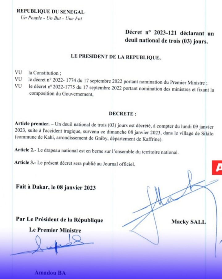 Accident à Kaffrine : Le Président Macky Sall signé un décret déclarant un deuil national de trois (03) jours