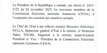 Décret n° 2023 – 2152 Portant nomination des membres de la Commission électorale nationale autonome (CENA)